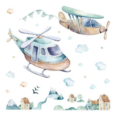 Autocolant de perete 130x188 Elicopter și avion într-un oraș pastel