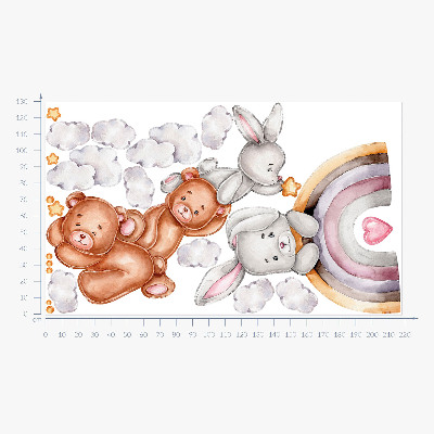 Autocolant de perete 130x218 Ursuleți de pluș și iepurași pastel în acuarelă