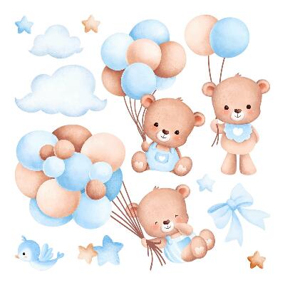Autocolant de perete 130x226 Dulci ursuleti de plus cu baloane in nuante pastelate