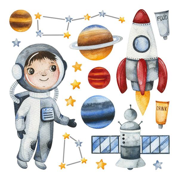 Autocolant de perete 130x174 Călătoria în spațiu a unui mic astronaut în acuarelă