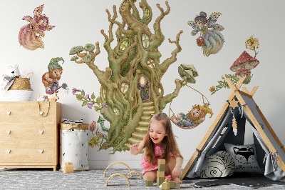 Autocolant de perete 130x135 Creaturi din pădure și o casă în copac pastel