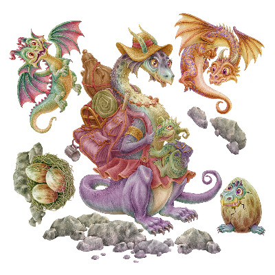 Autocolant perete 130x158 O familie de basm de dragoni colorați în pasteluri
