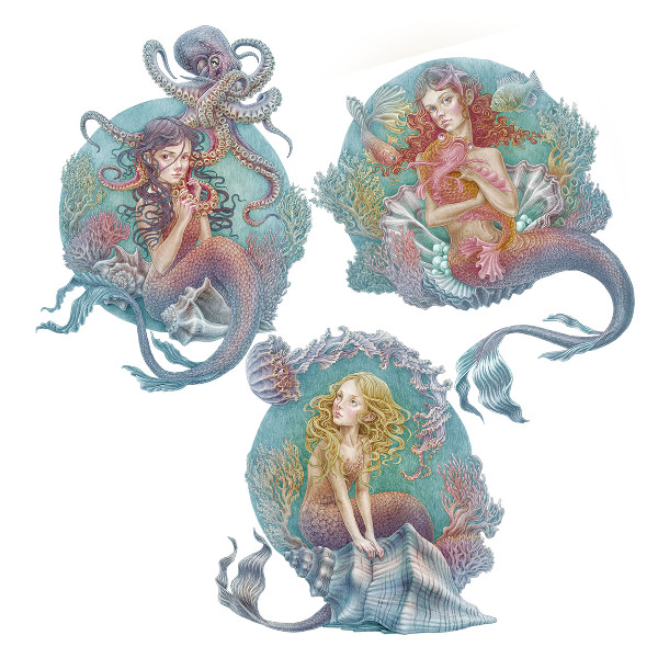 Autocolant perete 130x166 Basme subacvatice cu mici sirene in pastel