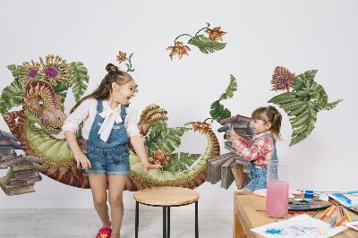 Autocolant de perete 80x119 Dinozaur roșu cu desene și vegetație