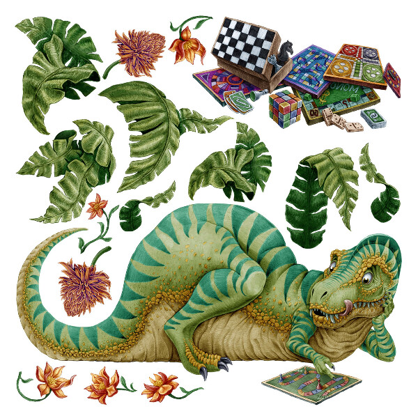 Autocolant pentru perete 80x102 Dinozaur în stil de desene animate cu frunze și flori