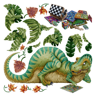 Autocolant pentru perete 80x102 Dinozaur în stil de desene animate cu frunze și flori