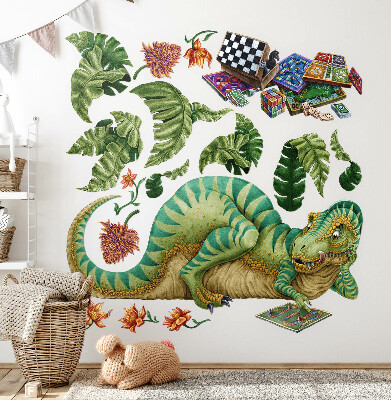 Autocolant pentru perete 80x102 Dinozaur în stil de desene animate cu frunze și flori