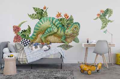 Autocolant pentru perete 80x102 Dinozaur în stil de desene animate cu frunze și flori