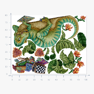 Autocolant pentru perete 80x102 Dinozaur în stil de desene animate cu frunze și flori