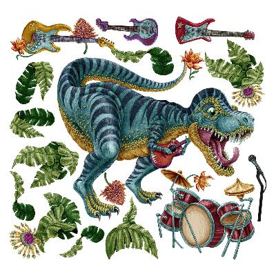 Autocolant perete 80x119 Dinozaur de desene animate muzicale cu instrumente