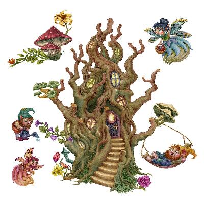 Autocolant pentru perete 80x106 Creaturi din pădure, zâne, gnomi și o casă în copac