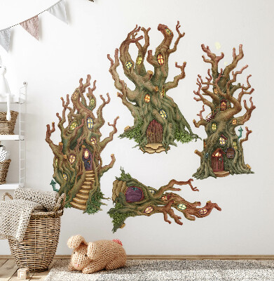 Autocolant pentru perete 80x143 Case de basm din pădure în copaci în stil de desene animate