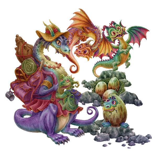 Autocolant perete 80x97 Familie de basm dragoni colorați în stil ilustrativ