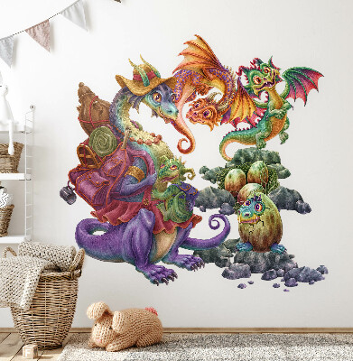 Autocolant perete 80x97 Familie de basm dragoni colorați în stil ilustrativ