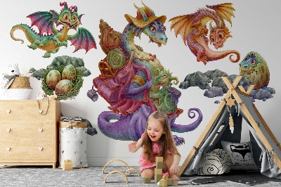 Autocolant perete 80x97 Familie de basm dragoni colorați în stil ilustrativ