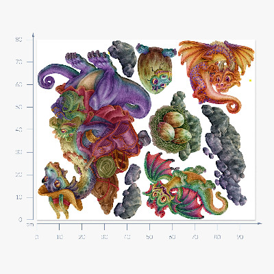 Autocolant perete 80x97 Familie de basm dragoni colorați în stil ilustrativ