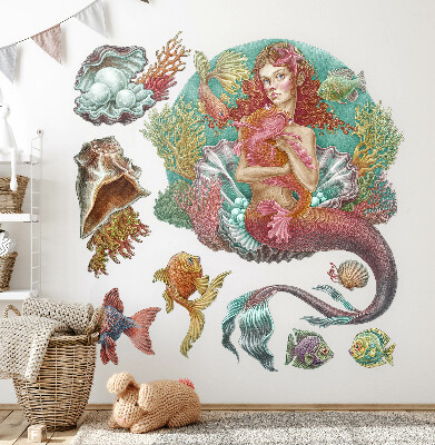 Autocolant pentru perete 80x79 Sirenă în stil de desene animate cu scoici subacvatice