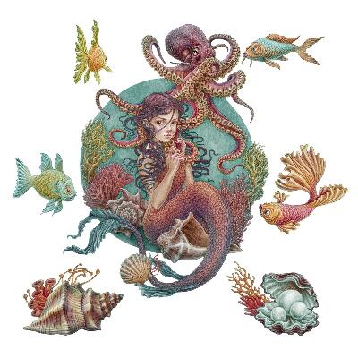 Autocolant de perete 80x89 Sirenă făcută din scoici în stil de desene animate