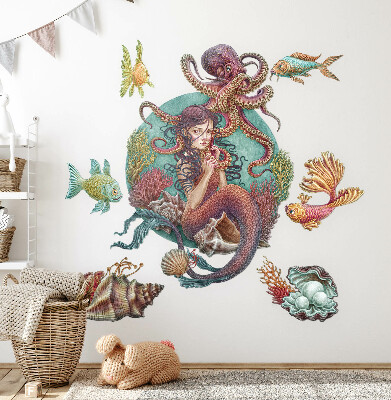 Autocolant de perete 80x89 Sirenă făcută din scoici în stil de desene animate