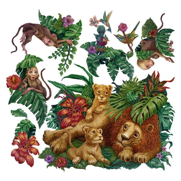 Autocolant perete 80x126 Safari fiare exotice în stil de desene animate din jungla tropicală