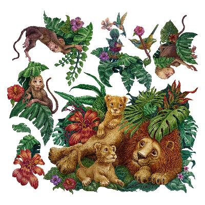 Autocolant perete 80x126 Safari fiare exotice în stil de desene animate din jungla tropicală