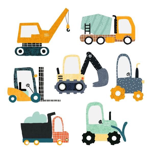 Autocolant de perete 80x121 Vehicule pentru muncitori in culori de constructie