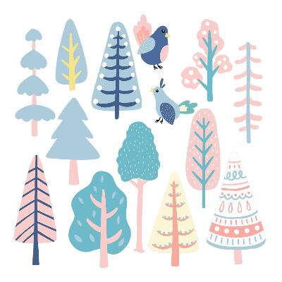 Autocolant pentru perete 80x100 Pădure Boho cu copaci și păsări pastelate
