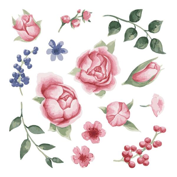 Autocolant pentru perete 80x102 Acuarele florale cu bujori în tonuri pastelate