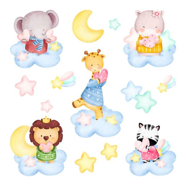 Autocolant de perete 80x122 Animale adorabile în nori și stele, acuarelă pastel