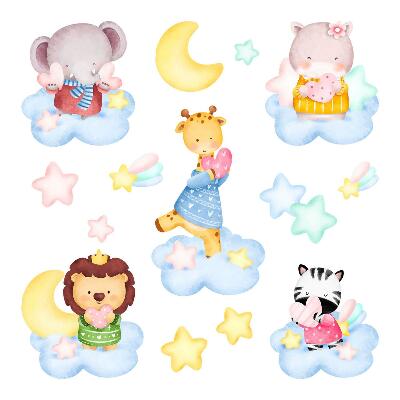 Autocolant de perete 80x122 Animale adorabile în nori și stele, acuarelă pastel