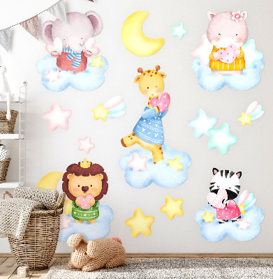 Autocolant de perete 80x122 Animale adorabile în nori și stele, acuarelă pastel