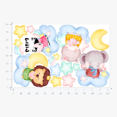 Autocolant de perete 80x122 Animale adorabile în nori și stele, acuarelă pastel