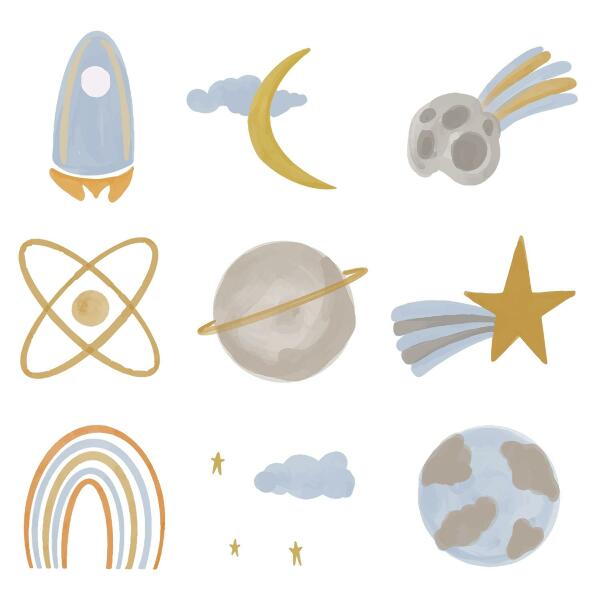 Autocolant de perete 80x134 Ilustrație spațială a planetelor și stelelor în pasteluri