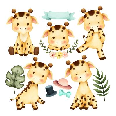 Autocolant perete 80x135 Girafele pastelate în stil safari în acuarelă