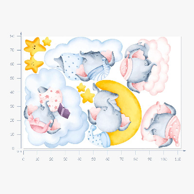Autocolant pentru perete 80x112 Elefanți și nori pastel în stil acuarelă