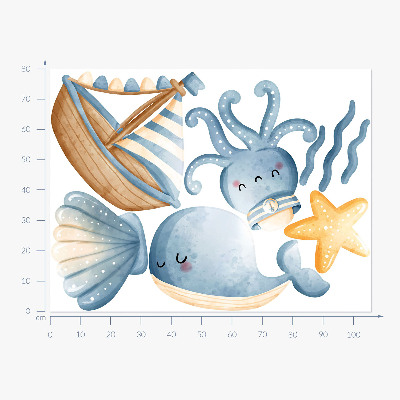 Autocolant pentru perete 80x106 Creaturi marine și o barcă în acuarelă pastelată