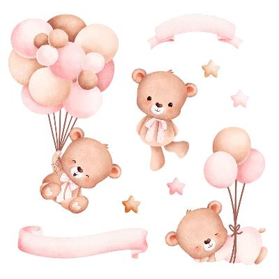 Autocolant pentru perete 80x116 Ursuleti cu baloane in acuarela pastelata