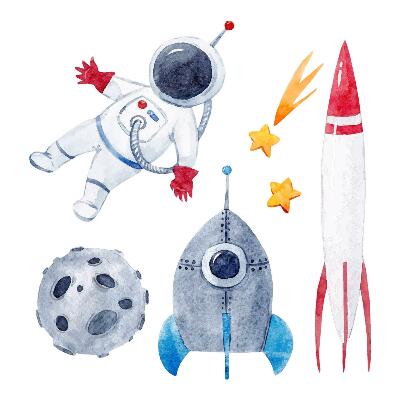Autocolant perete 80x135 Model pastel spațial cu astronaut și rachete