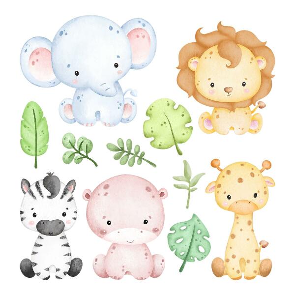 Autocolant pentru perete 80x92 Safari în nuanțe pastelate cu animale fermecătoare