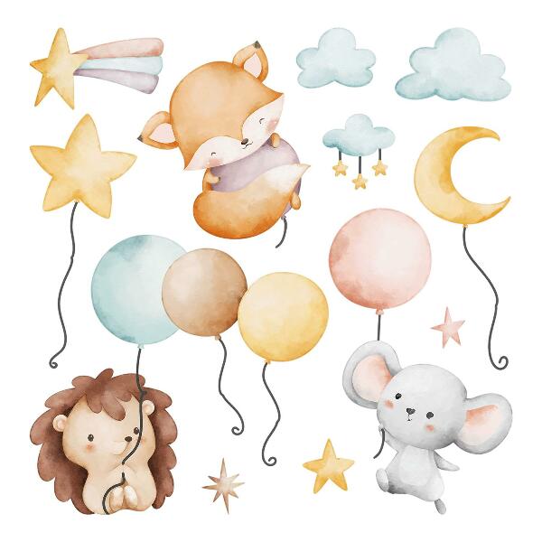 Autocolant de perete 80x138 Animale boho adorabile cu baloane pastelate