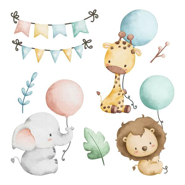 Autocolant pentru perete 80x122 Animale drăguțe pastel cu baloane boho