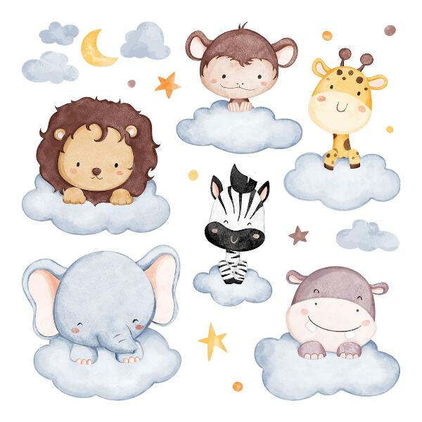 Autocolant pentru perete 80x109 Animale drăguțe în nori pastel