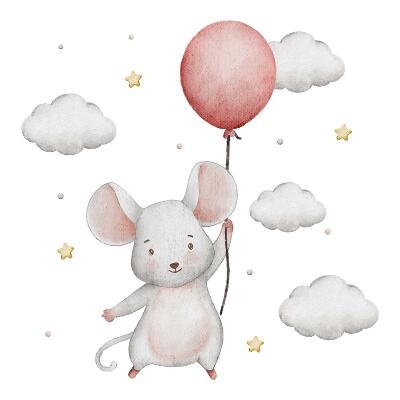 Autocolant pentru perete 80x142 Șoarece cu un balon în nori, pasteluri acuarele