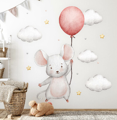Autocolant pentru perete 80x142 Șoarece cu un balon în nori, pasteluri acuarele