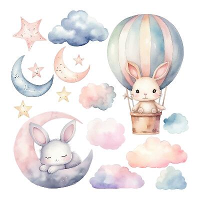 Autocolant de perete 80x106 Iepuri pe cer pastel cu balon noaptea