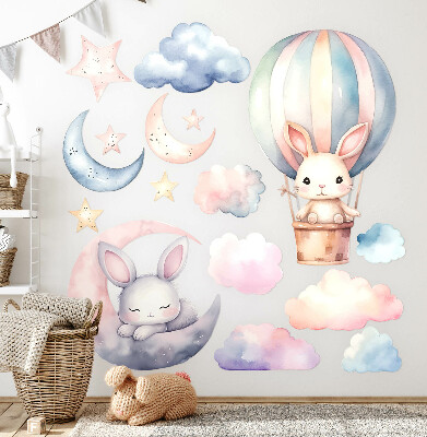 Autocolant de perete 80x106 Iepuri pe cer pastel cu balon noaptea