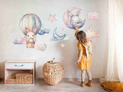 Autocolant de perete 80x106 Iepuri pe cer pastel cu balon noaptea