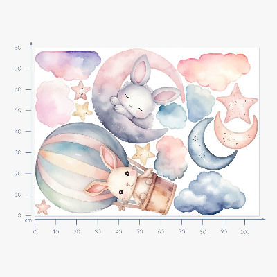 Autocolant de perete 80x106 Iepuri pe cer pastel cu balon noaptea