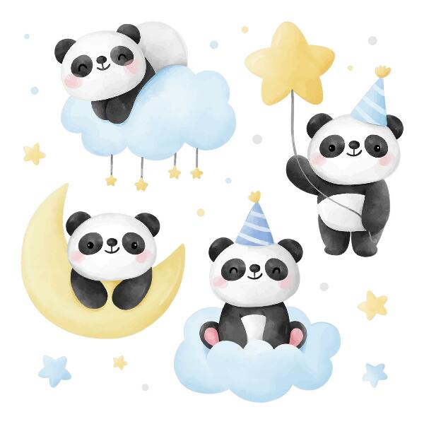 Autocolant de perete 80x113 Panda drăguț pe un cer pastel în acuarelă