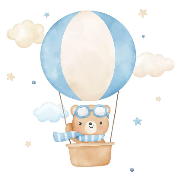 Autocolant perete 80x122 Mic ursuleț de pluș într-un balon în nori acuarelă pastel
